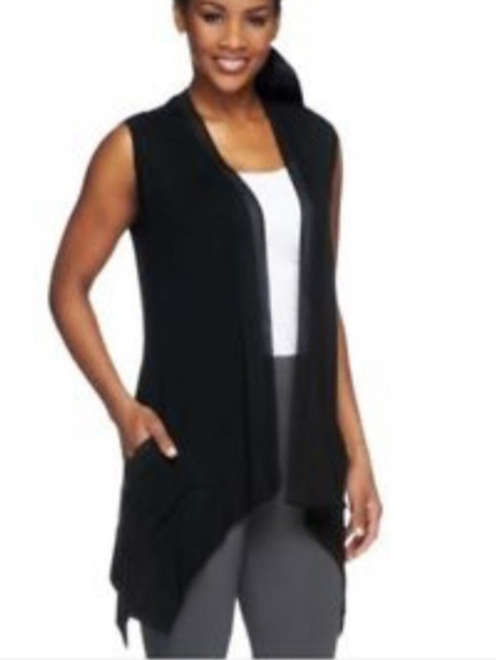 LOGO Lori Goldstein Black Sleeveless Draped Waterfall Vest Size XXS Sheer Trim
